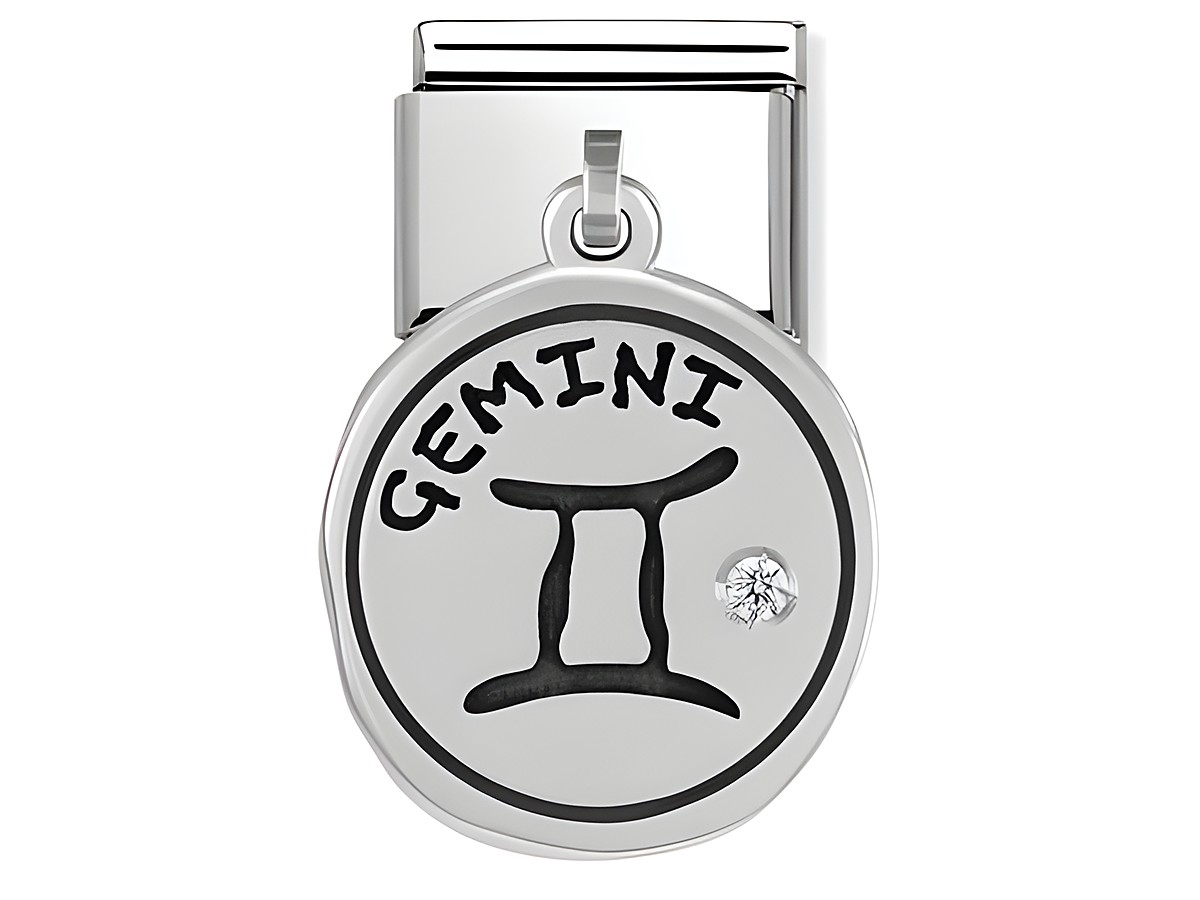Sternzeichen Anhänger Zwilling aus Silber mit dem Schriftzug Gemini und einem funkelnden Stein, ideal als Schmuck für Sternzeichenliebhaber und passend zu Monatssteinen.