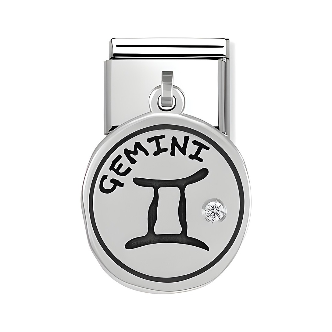 Sternzeichen Anhänger Zwilling aus Silber mit dem Schriftzug Gemini und einem funkelnden Stein, ideal als Schmuck für Sternzeichenliebhaber und passend zu Monatssteinen.