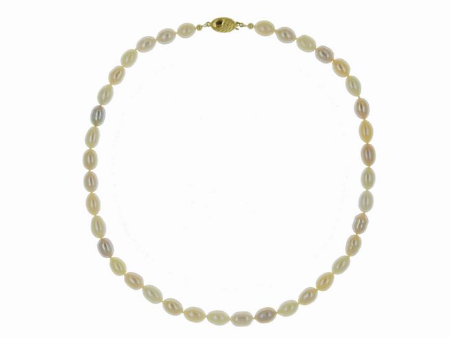 Perlenkette aus Süßwasser-Zuchtperlen oval 8 x 11 mm in mehrfarbigen Tönen, Länge 46 cm, mit Gold 585 Verschluss, Hersteller Juwelier Harnisch, bunt.