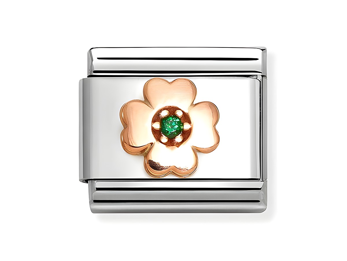 Zirkonia Glücksklee in Roségold und Edelstahl, dargestellt durch eine stilisierte Blume mit grünem Zirkonia. Elegantes Schmuckstück von Nomination.