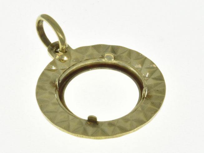 Münzfassung Anhänger aus 585 Gold mit diamantierter Oberfläche, Durchmesser für Münzen bis 13,1 mm, hergestellt von Juwelier Harnisch, ideal für individuelle Gestaltung.