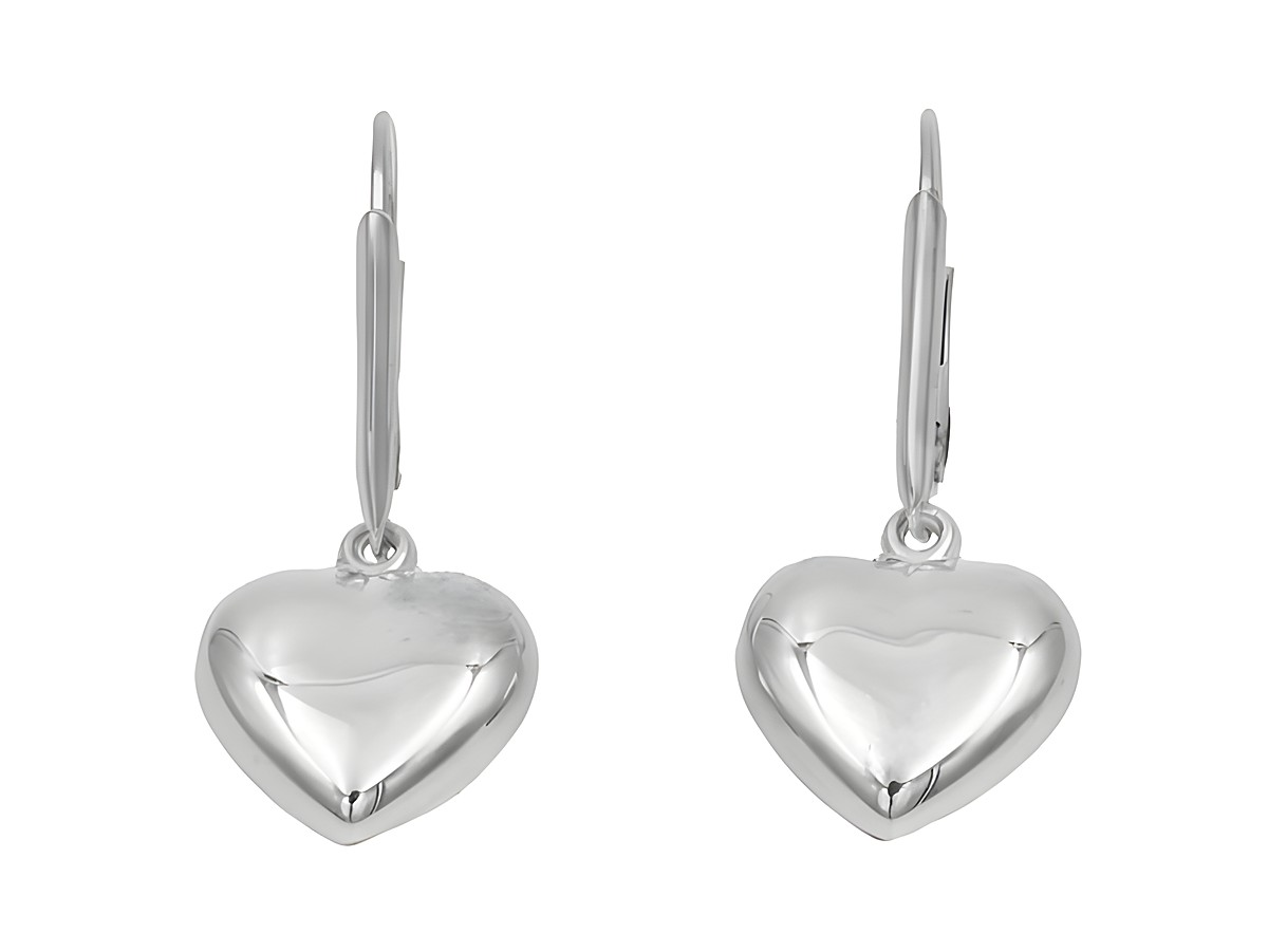 Ohrhänger in Herzform aus poliertem rhodiniertem Sterling Silber ohne Stein, Hersteller Juwelier Harnisch, ideal für jeden Anlass.