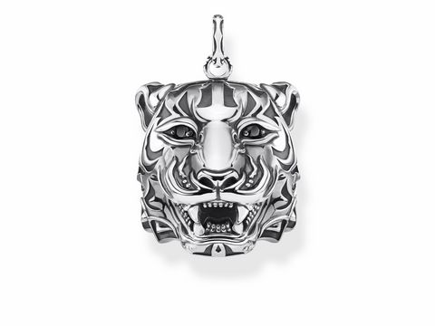 Thomas Sabo PE887-643-11 Anhänger aus Silber mit schwarzem Tigerdesign, detailreiche Darstellung des Tigerkopfes mit herausstechenden Gesichtszügen und wilder Ausstrahlung.