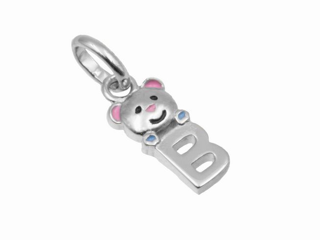 Anhänger in Form eines Teddy mit dem Buchstaben B, aus 925 Sterling Silber, poliert und rhodiniert, hergestellt von Juwelier Harnisch, ideal für Kinder.