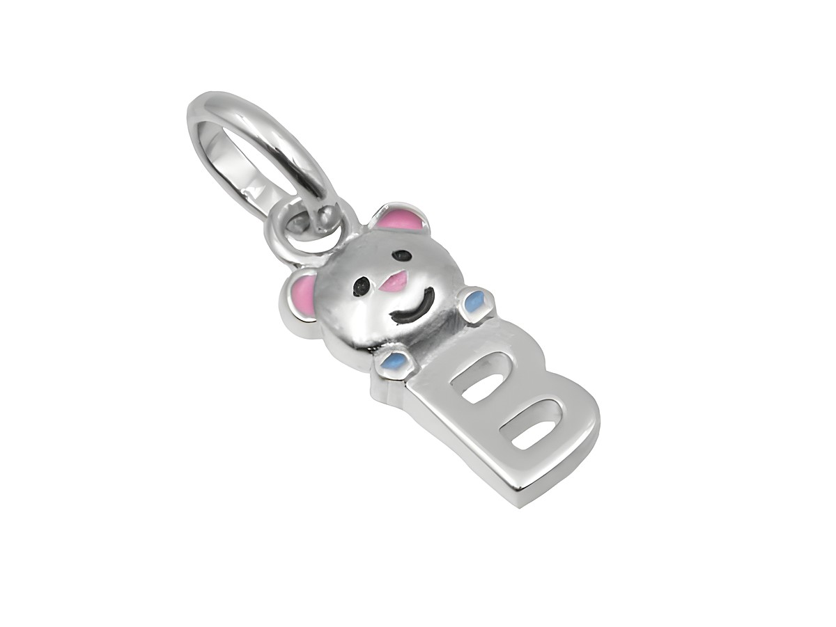 Anhänger in Form eines Teddy mit dem Buchstaben B, aus 925 Sterling Silber, poliert und rhodiniert, hergestellt von Juwelier Harnisch, ideal für Kinder.