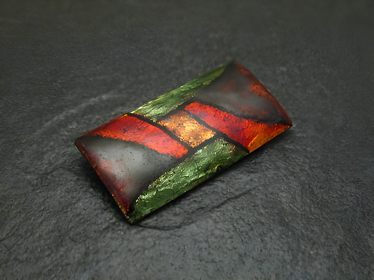 Brosche ART rot-grün-gelb aus Emaille, vergoldet, vintage, Hersteller Juwelier Harnisch, mit geometrischem Design und lebhaften Farben. Ideal als dekoratives Accessoire.