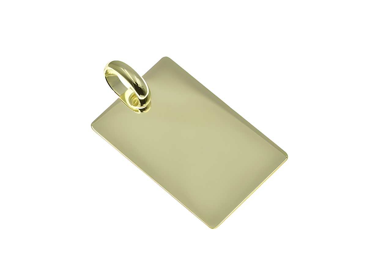 Gravurplatte aus 585 Gold, viereckig mit glänzender Oberfläche und einem Ring zum Anhängen, hergestellt von Juwelier Harnisch, ideal für individuelle Gravuren.