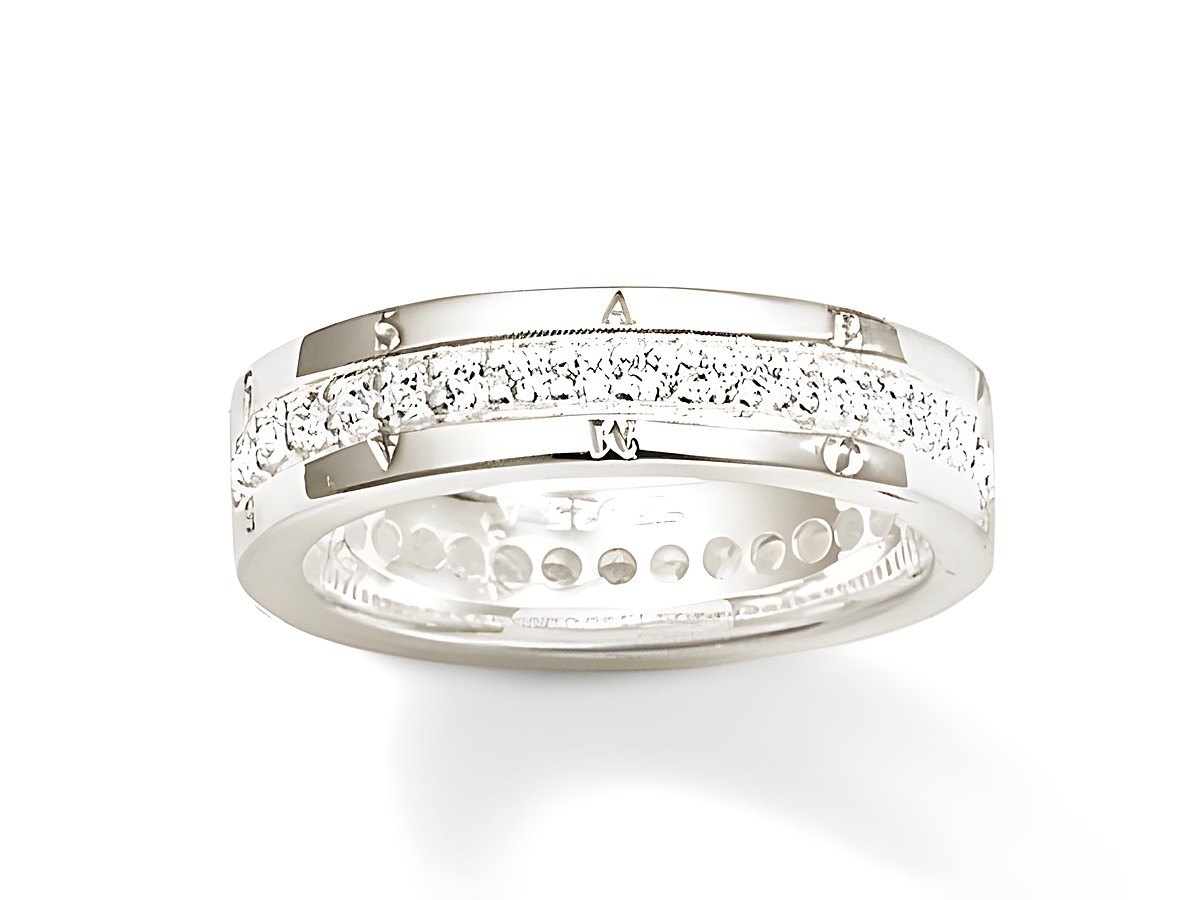 Thomas Sabo Ring TR1701-051-14-54 aus Silber mit Zirkonia, Größe 54, präsentiert sich in elegantem Design mit funkelnden Steinen und markantem Schriftzug.