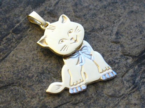 Gold Anhänger - Katze beweglich - BICOLOR - Gold 585, Hersteller: Juwelier Harnisch, niedlicher Katzenanhänger mit feinen Details und einer Schleife, ideal für Tierliebhaber.