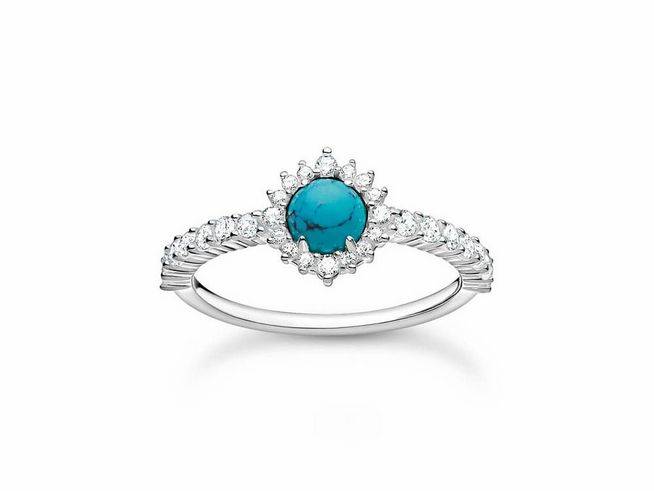 Thomas Sabo Ring aus Sterling Silber mit einem runden, imitierten Türkis und Zirkonia in Türkis, Gr. 48, filigranes Design mit funkelnden Details um den Stein.