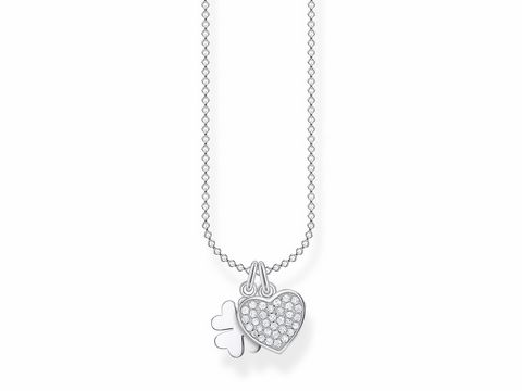 Kette aus Silber der Thomas Sabo Charming Collection mit einem Kleeblatt und einem Herz als Anhänger, verziert mit zahlreichen Glitzersteinen, Länge 38-40-42-45 cm.
