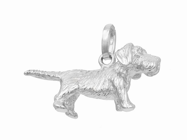 Ein hochwertiger Anhänger eines Rauhaardackels aus rhodiniertem Sterling Silber, detailreich gearbeitet und ideal für Tierliebhaber. Herstellermarke Juwelier Harnisch.
