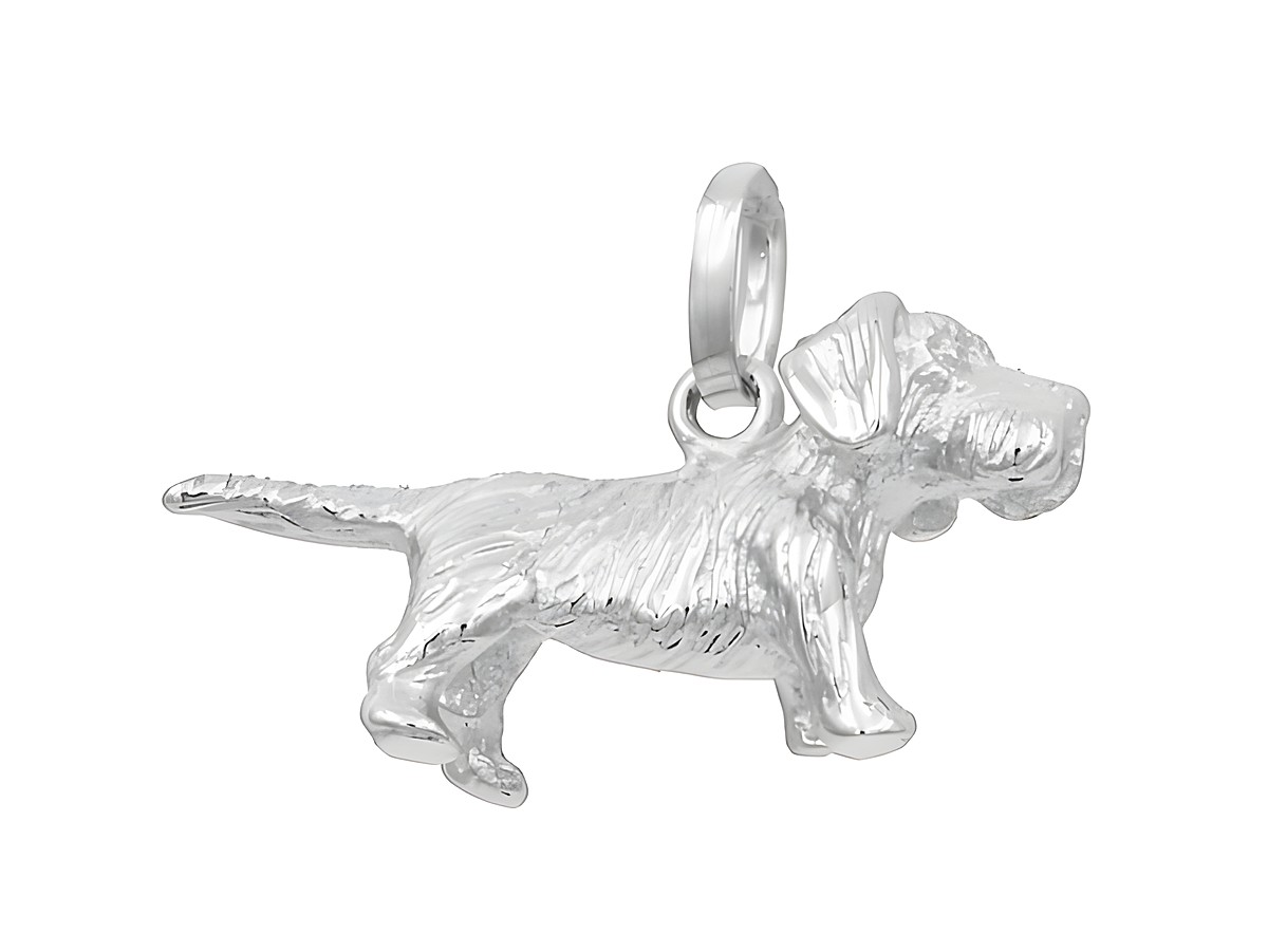 Ein hochwertiger Anhänger eines Rauhaardackels aus rhodiniertem Sterling Silber, detailreich gearbeitet und ideal für Tierliebhaber. Herstellermarke Juwelier Harnisch.