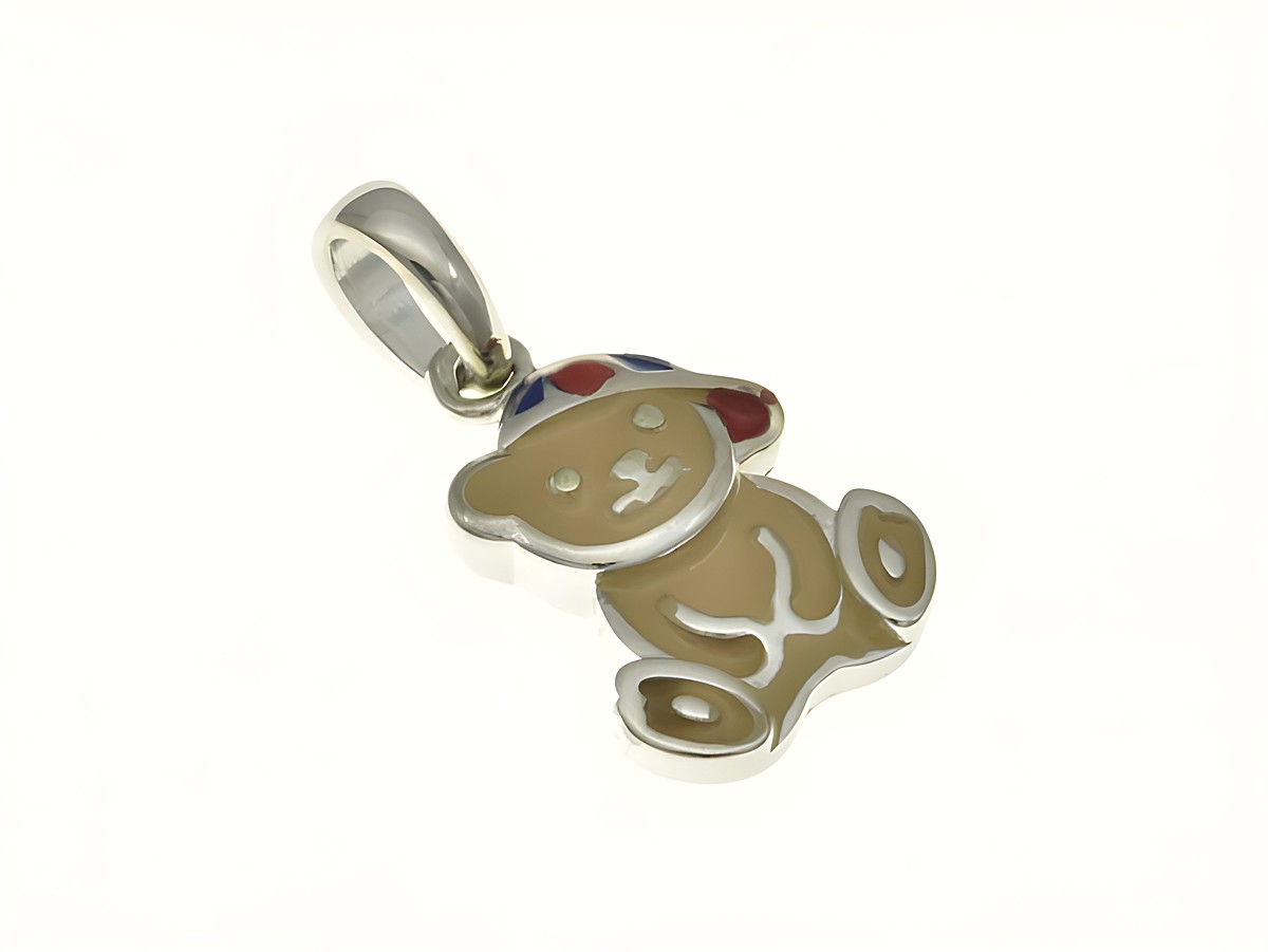 Teddy Teddybär Bär Anhänger aus rhodiniertem Sterling Silber mit buntem Lack für Kinder, ideal als Geschenk oder Schmuckstück für kleine Liebhaber.