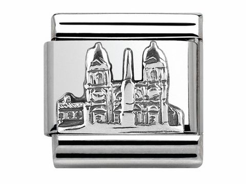 Silberner Charm von Nomination mit detailreicher Darstellung des Spanischen Platzes in Rom, klassisches Design, geeignet für Sammler und Liebhaber von Monumenten und Denkmälern.