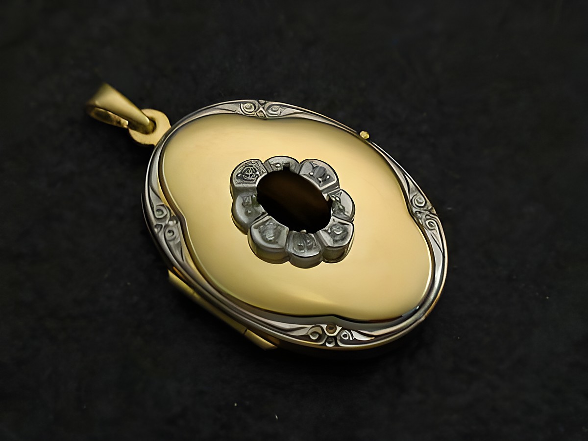 Onyx schwarz Medaillon Cabochon Gold 585 bicolor von Juwelier Harnisch, elegant gestaltet mit feinen Details und einem ovalen Design, optimal für stilvolle Anlässe.