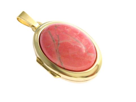 Howlith Cabochon in Gold 585 Medaillon, hergestellt von Juwelier Harnisch, elegant oval geformt mit zartem rosa Farbton und feiner Maserung, verleiht jedem Outfit eine edle Note.