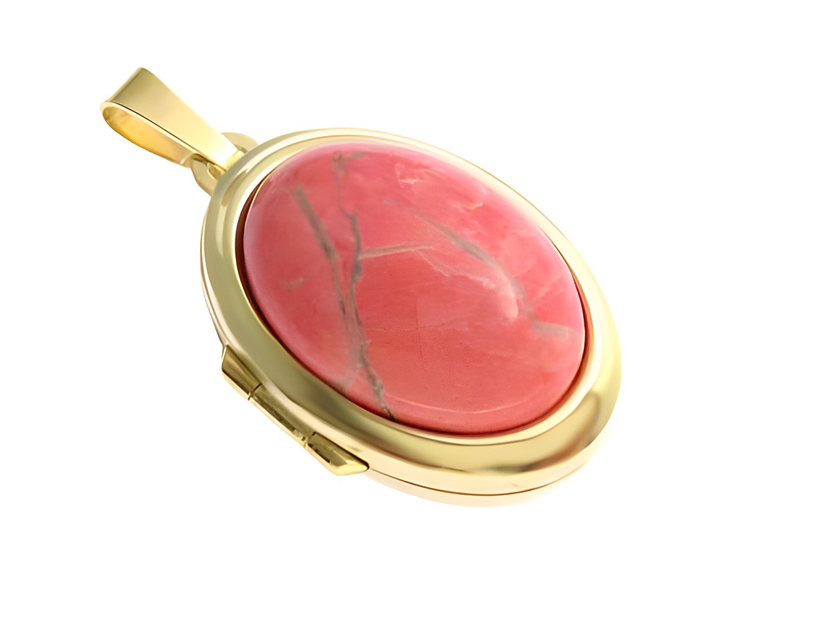 Howlith Cabochon in einem goldenen Medaillon aus Gold 750, hergestellt von Juwelier Harnisch, mit ovaler Form und feiner, rosafarbener Struktur. Ideal als elegantes Schmuckstück.