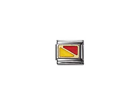 Ein schmuckvoller Clip aus Edelstahl mit buntem Design in Rot, Gelb und Blau, inspiriert vom nautischen Alphabet. Ideal für maritime Accessoires und individuelle Gestaltungen.