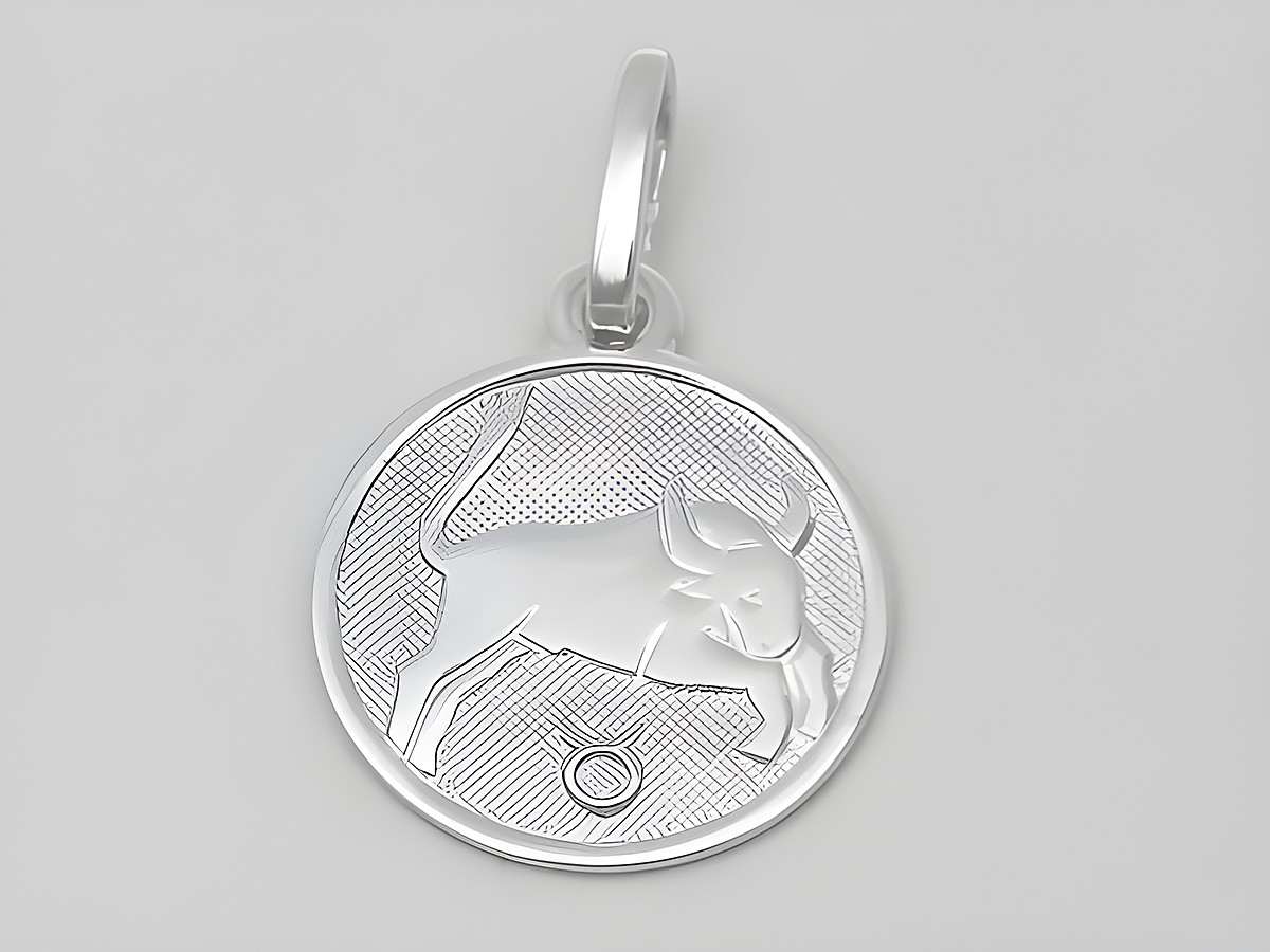 Sternzeichen Anhänger Stier aus poliertem Weißgold 585 mit einem Durchmesser von 14 mm, Hersteller Juwelier Harnisch, detailreiche Darstellung eines Stiers.