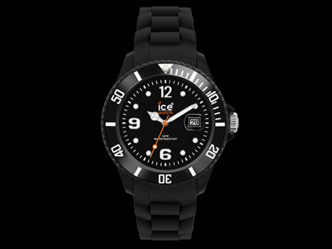 Schwarze Ice-Watch ICE forever - Black - Small Uhr mit schwarzem Silikonarmband und schwarzem Zifferblatt, orangefarbenen Akzenten und Datumsanzeige, Modell SI.BK.S.S.09.
