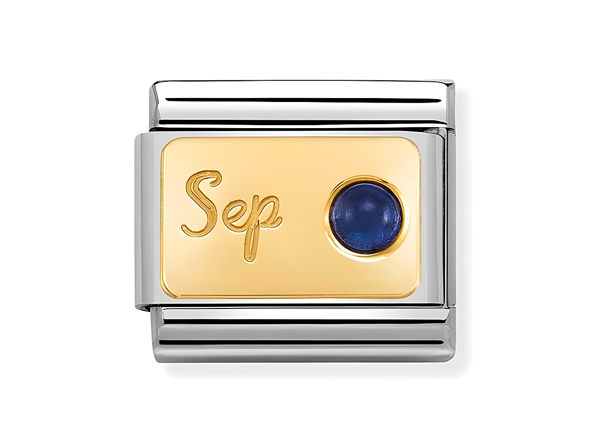 Edelstahl und Gold 585 Charm von Nomination mit dem Monatsstein Saphir für September, goldene Platte mit Gravur Sep und blauer Saphir.