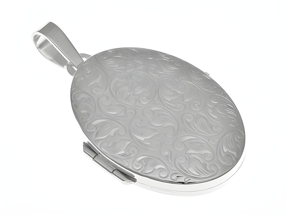 Medaillon oval aus Sterling Silber mit rhodiniertem Diamantschliff und verschlungenem Design, Hersteller Juwelier Harnisch. Ideal für persönliche Erinnerungen.