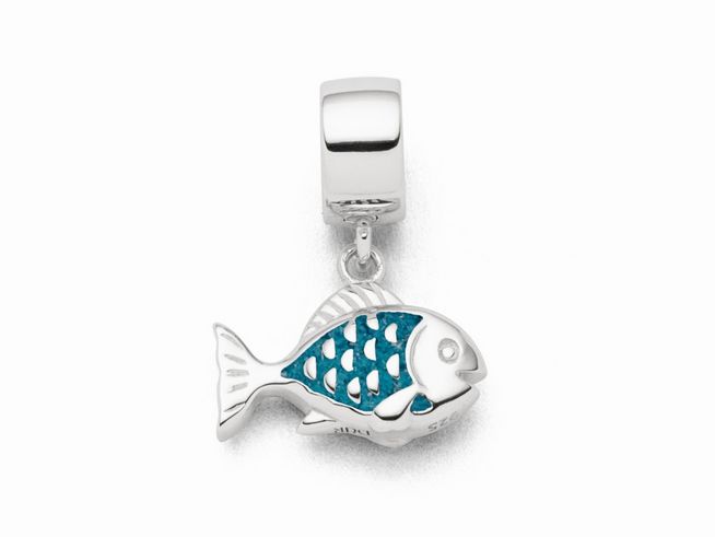 Charm in Form eines Fisches aus Sterling Silber mit blauem Steinsand, detailreiche Verarbeitung und glänzende Oberfläche, ideal für eine stilvolle Schmuckkollektion von DUR.