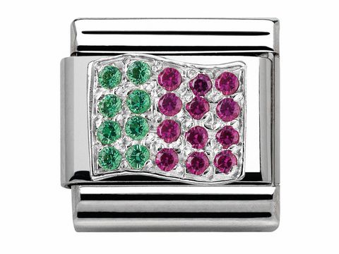 Ein elegantes Charm mit einer Flaggenmotivanordnung aus glitzernden Zirkonias in Grün und Rosa, eingefasst in Silber, geeignet für die Nomination SilverShine Kollektion.