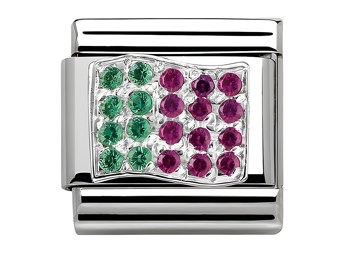 Ein elegantes Charm mit einer Flaggenmotivanordnung aus glitzernden Zirkonias in Grün und Rosa, eingefasst in Silber, geeignet für die Nomination SilverShine Kollektion.