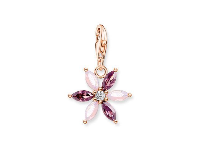 Charm-Anhänger in Form einer Blume aus Sterling Silber vergoldet in Roségold mit mehrfarbigen Glas-Keramik Steinen und Zirkonia, ideal als modisches Accessoire.