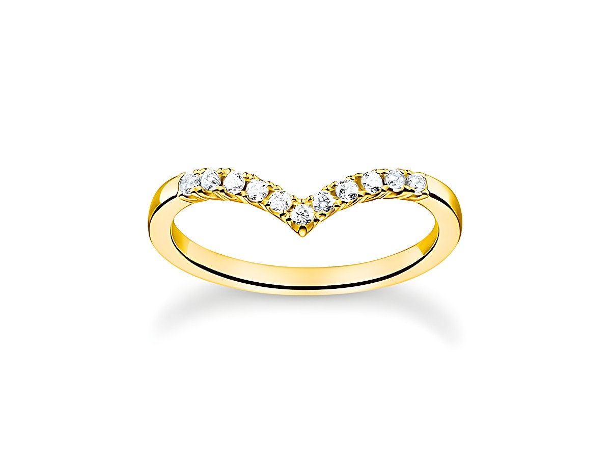 Thomas Sabo Ring TR2394-414-14-48 aus vergoldetem Sterling Silber mit Zirkonia in Größe 48, designter V-förmiger Ring mit funkelnden Steinchen.
