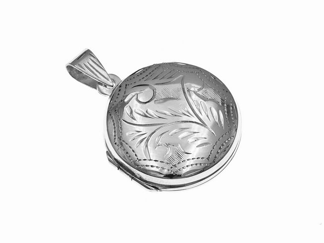 Silber Medaillon - rund - zart aus Sterling Silber, mit feiner, detaillierter Gravur und einem eleganten Anhänger, hergestellt von Juwelier Harnisch, ideal für besondere Anlässe.