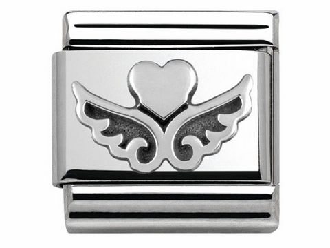 Edelstahl Charm mit oxidiertem Symbol, das ein Herz mit Flügeln darstellt, in der Farbe Silber, geeignet für Nomination Armbänder, Hersteller Nomination.
