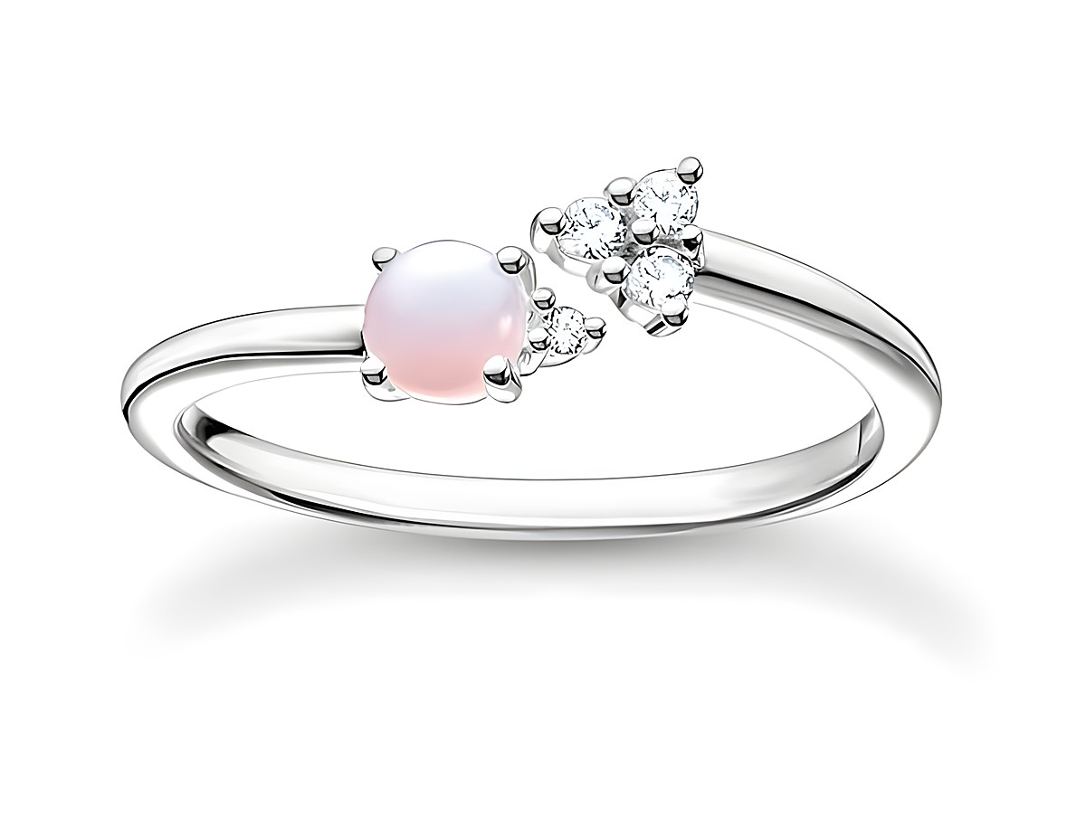 Thomas Sabo Charming Ring aus Sterling Silber mit Glas-Keramik Stein in der Mitte und Zirkonia an den Seiten, Größe 58, elegant und modern gestaltet.