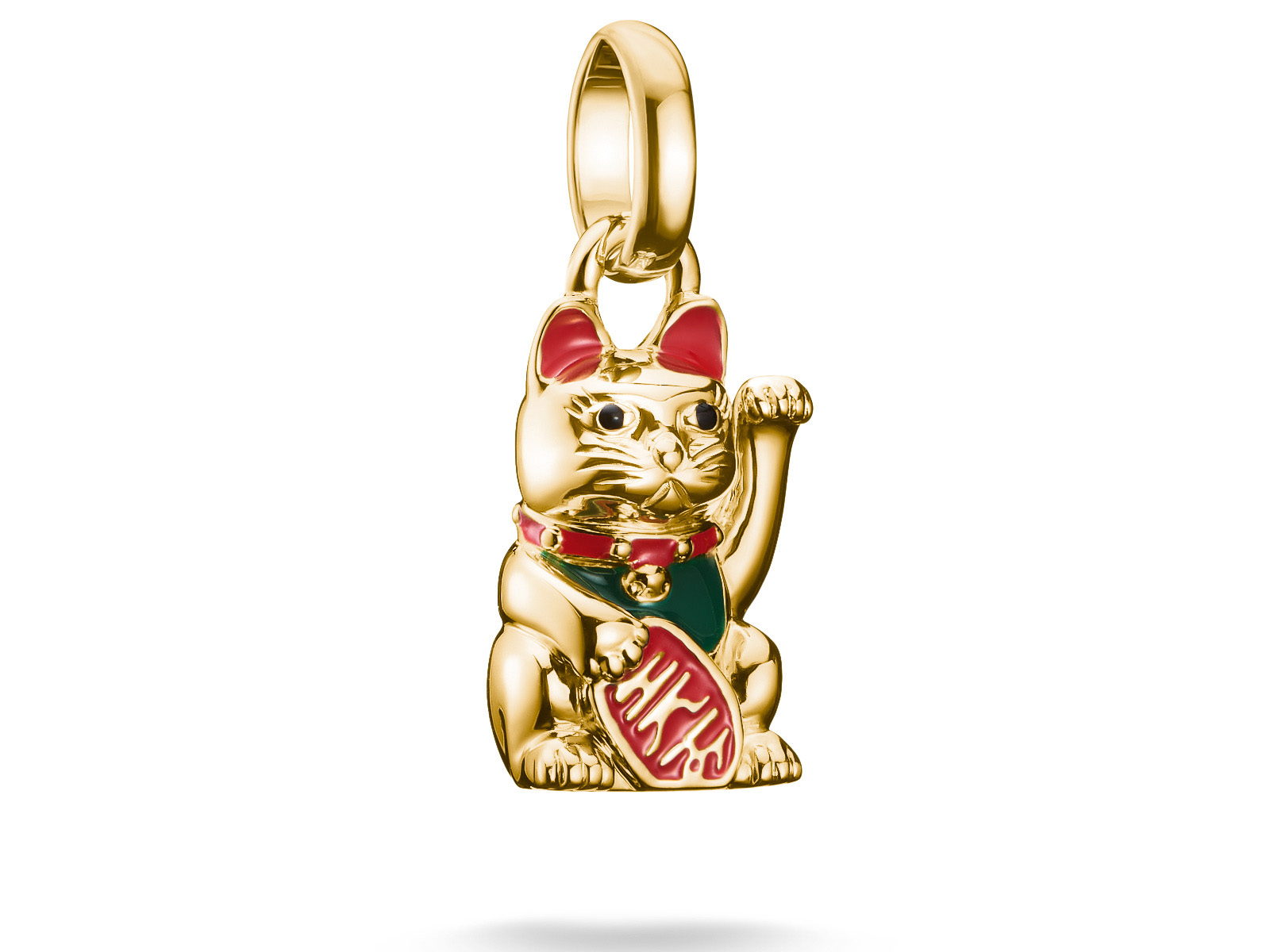 Charm in Form einer Winkekatze aus Silber und vergoldetem Metall mit bunten Emalldetails, aufrecht sitzend mit erhobenem Arm und traditionellem Symbol. Ideal für den Charm Club CONNECT von Thomas Sabo.