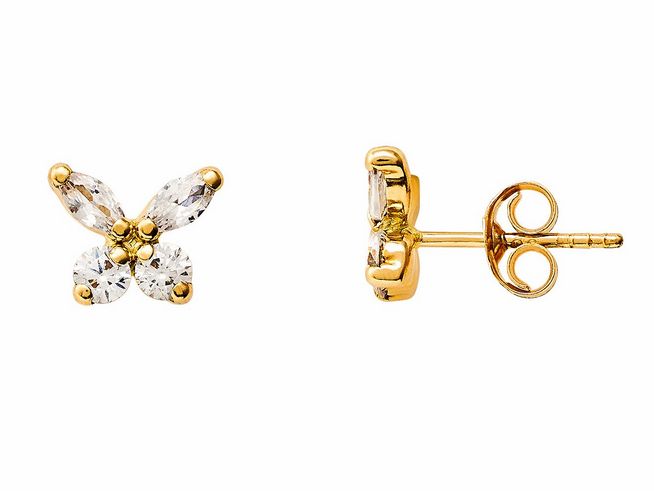 Gelbgold 585 Ohrstecker von Xenox in polierter Ausführung mit funkelnden Zirkonia, die in Form eines Schmetterlings arrangiert sind, ideal für elegante Anlässe.