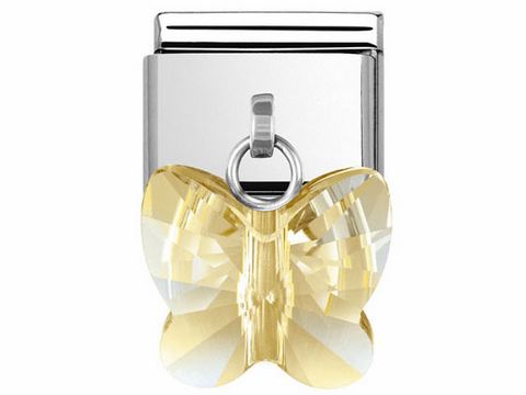 Zirkon-Schmetterling in Gold mit klaren und gelben Akzenten, eingehängt an einem silbernen Edelstahl-Basiselement, Teil der Nomination Classic Charms Kollektion.