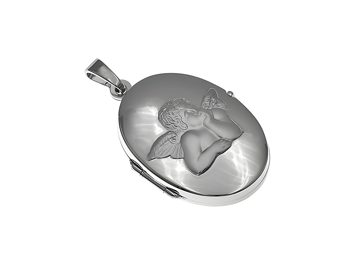 Medaillon mit einem detaillierten Engel-Motiv aus rhodiniertem Sterling Silber, ovales Design, Hersteller Juwelier Harnisch. Ideal als Schmuckstück oder Geschenk.