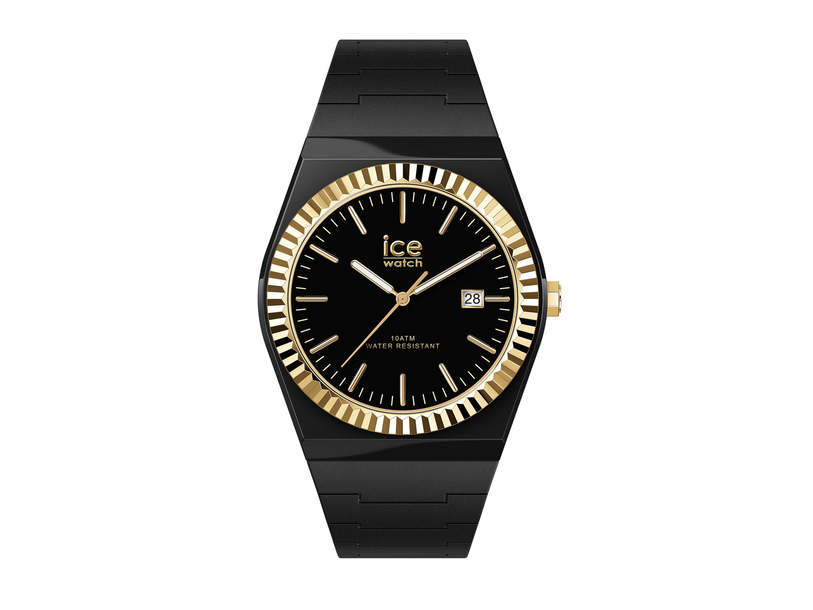 Schicke schwarze Armbanduhr von Ice Watch mit goldenen Akzenten und einem schwarzen Ziffernblatt. Das Modell trägt die Bezeichnung ICE Power und hat ein modernes, elegantes Design.