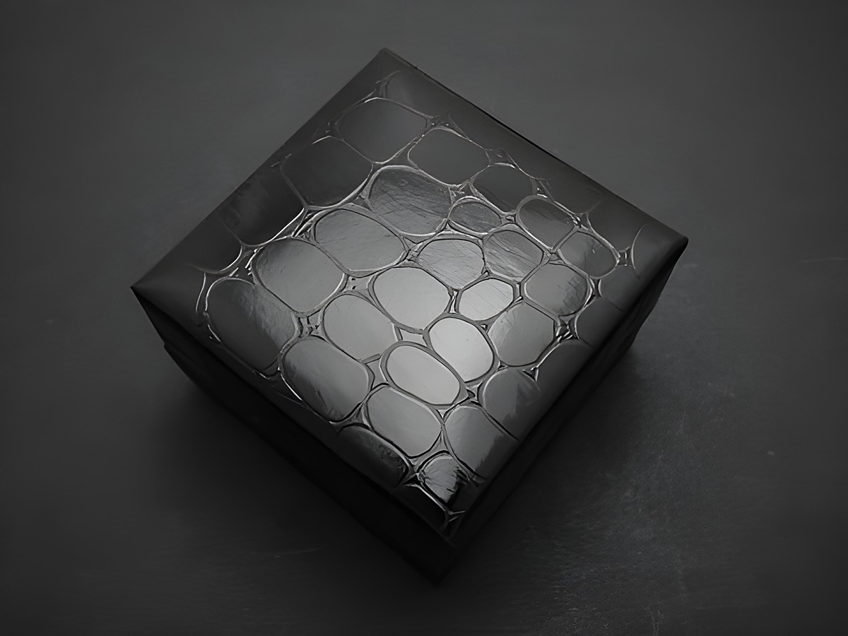 Geschenkschachtel viereckig im schwarz Kroko-Look von Juwelier Harnisch, elegante Geschenkbox ideal für besondere Anlässe. – Ansicht 2