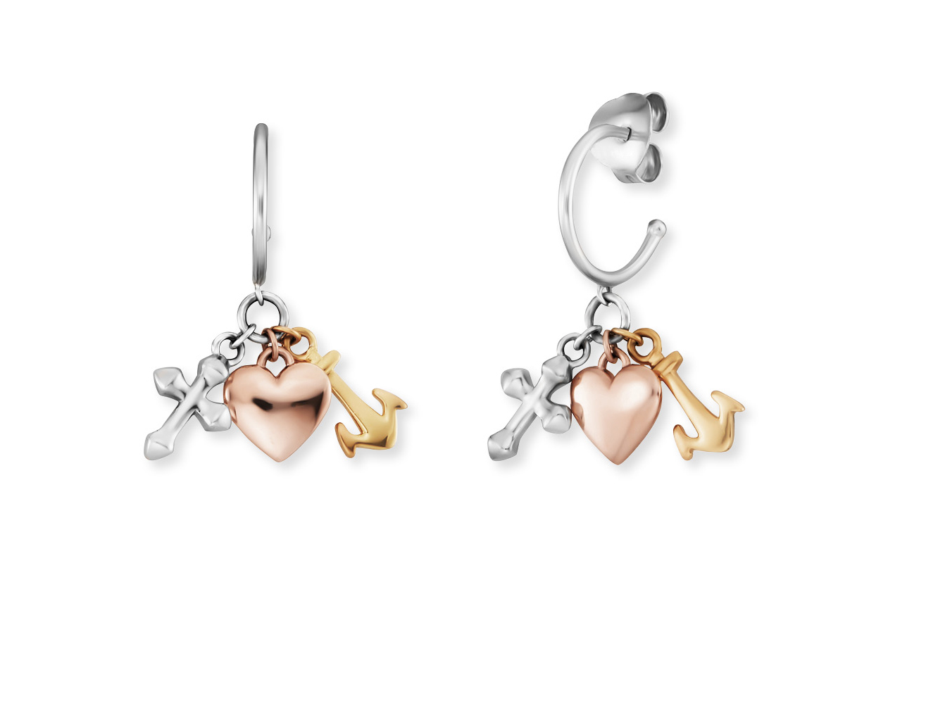 Ohrringe von Engelsrufer ERE-FLH-TRICO-CR aus Silber mit einem Anhänger in Herzform, einem Kreuz und einem Anker in verschiedenen Farben, elegant und bedeutungsvoll.