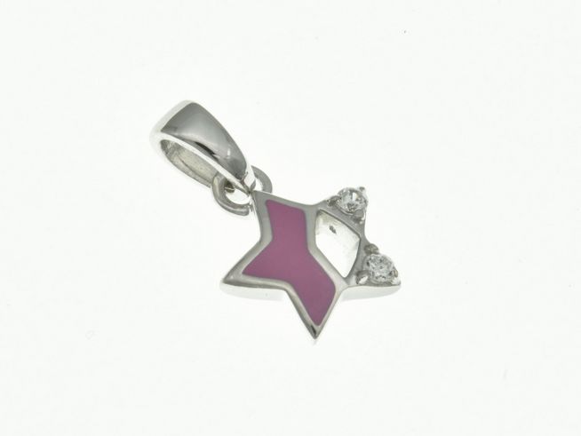 Stern Anhänger aus rhodiniertem Sterling Silber mit rosa Lack und Zirkonia für Kinder, Hersteller Juwelier Harnisch, ideal als Schmuckstück für kleine Mädchen.