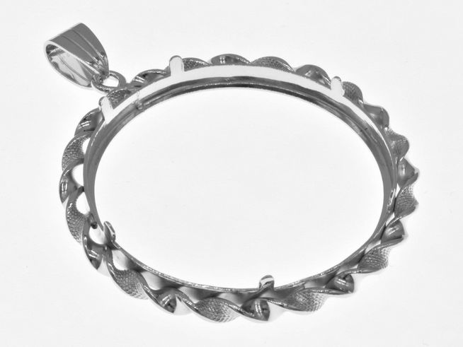 Münzfassung Anhänger aus 925 Sterling Silber, rhodiniert, für Münzen bis 35 mm Durchmesser, mit dekorativem Kordelrand von Juwelier Harnisch. Ideal für individuelle Schmuckgestaltung.