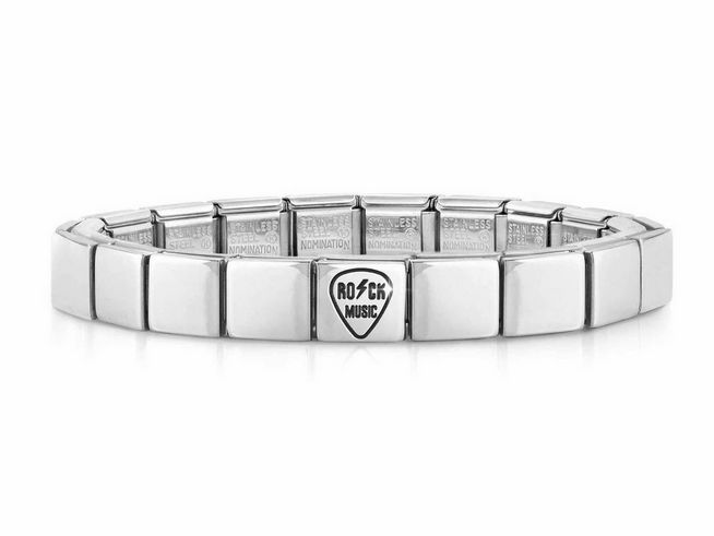 423910139-0 Edelstahl Armband von Nomination in glänzendem Silber mit einem Plektrum-Design sowie der Prägung Rock Music, modern und stilvoll für Musikliebhaber.