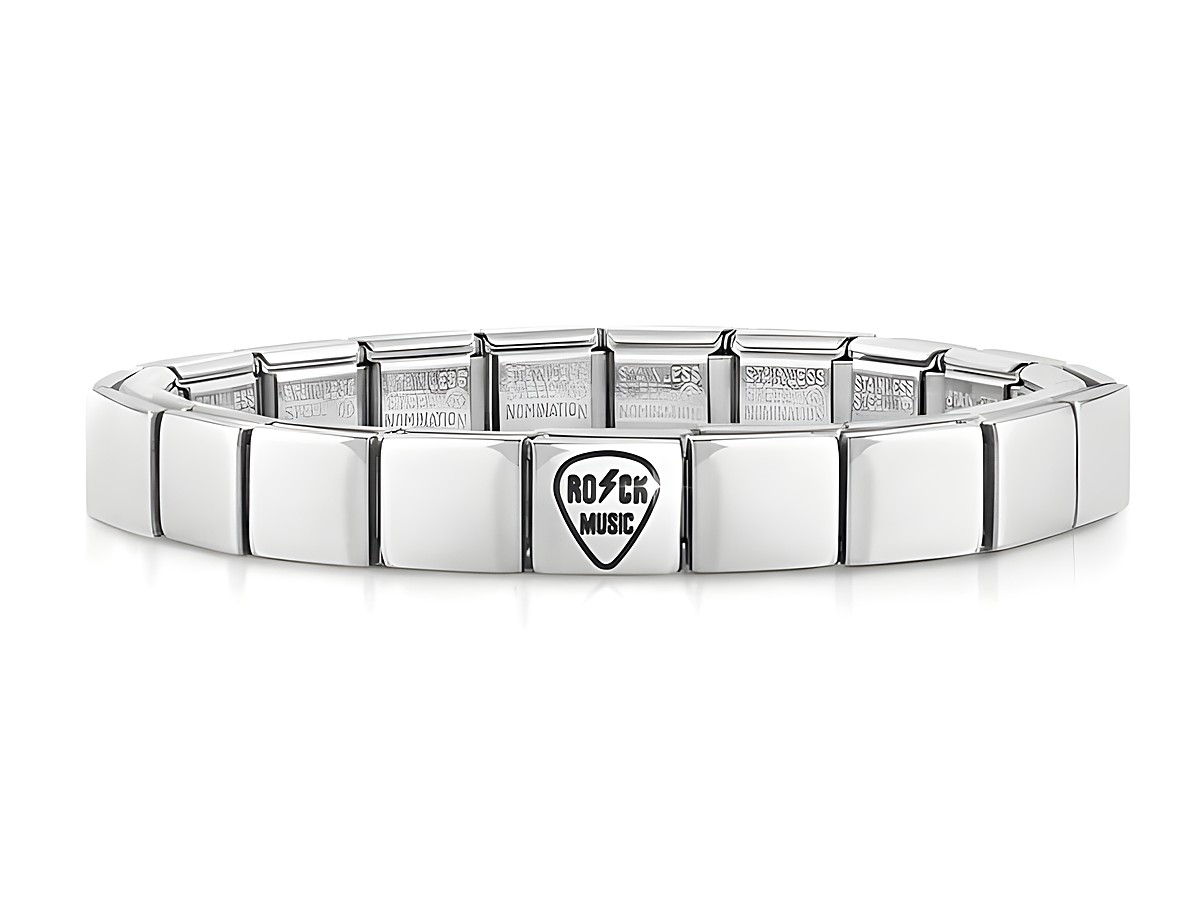 Edelstahl Armband von Nomination in glänzendem Silber mit einem Plektrum-Design sowie der Prägung Rock Music, modern und stilvoll für Musikliebhaber.