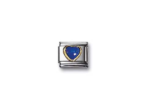 Ein herzförmiger Stein aus lapislazuli in einem goldenen Rahmen, eingebettet in einem silbernen Element von Nomination. Modellnummer 030501 09, geeignet für Armbänder.