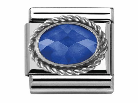Kordel in blau mit facettiertem Zirkonia in ovaler Form, umgeben von einem silbernen Rahmen, passend für Nomination Armbänder, Hersteller Nomination.