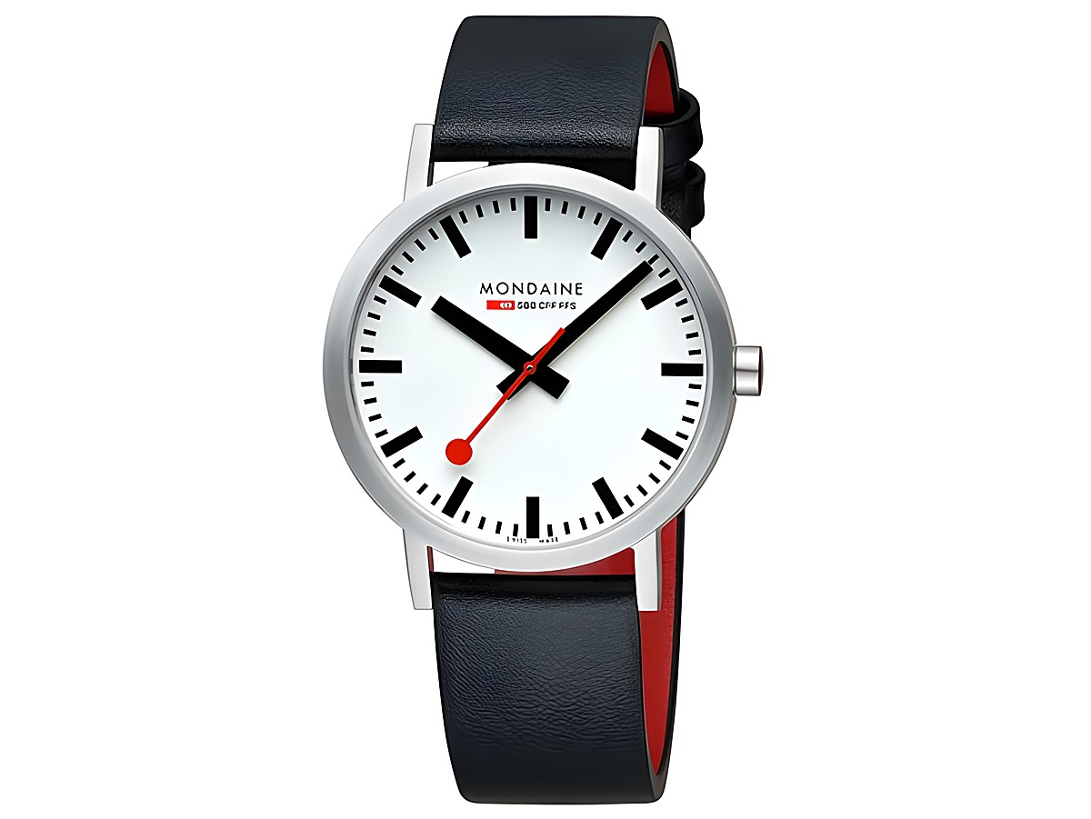Mondaine Uhr Classic A660.30360.16SBBV mit 40 mm Gehäuse, weißem Ziffernblatt, schwarzem Lederarmband und rötlichem Innenfutter. Klar und modern im Design.