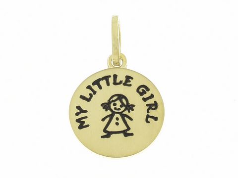 Anhänger My little Girl aus 925 Sterling Silber vergoldet, mit einer kindlichen Zeichnung eines Mädchens und der Aufschrift für Kinder, Hersteller Juwelier Harnisch.